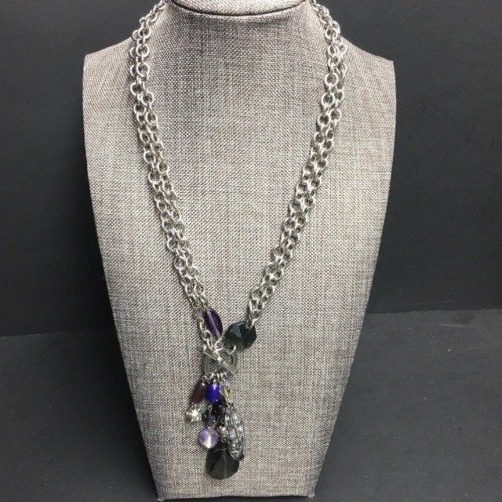 Silver Chain Toggle Necklace Purple Blue Green Dangles Retro BoHo